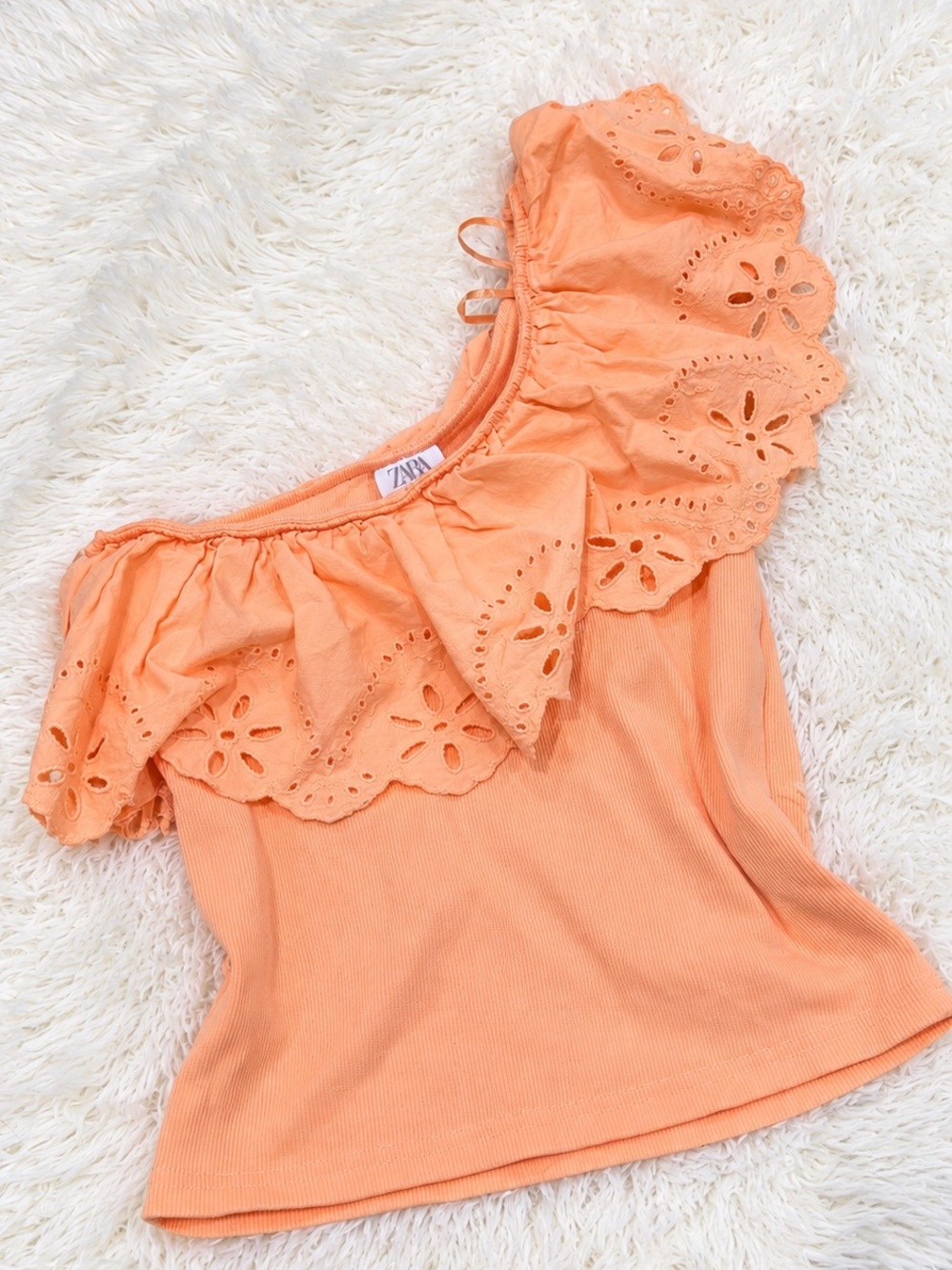 Zara Peach One-Shoulder Eyelet Ruffle Crop Top